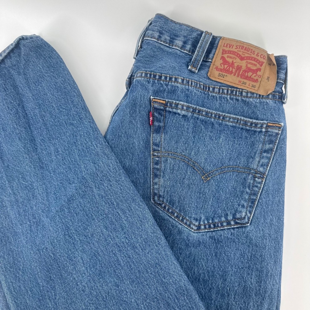 Levi's 501 Original Jeans Mens 38x36 (Fits 36x34) Blue Button Fly Straight Denim